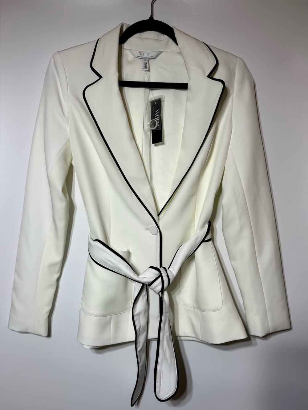 White House Black Market Ivory Blazer with Black Piping and Tie Waist blazer